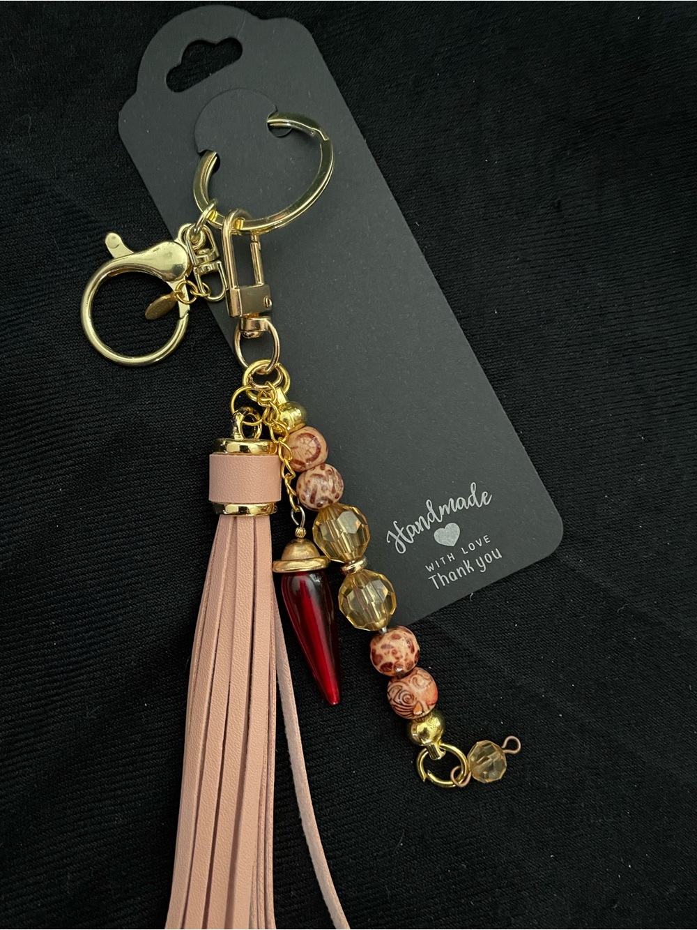 Leather Tassel Keychain with Red Spike & Amber Beads - Blush Pink